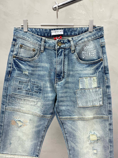 Givenchy Light Blue Distressed Patchwork Denim Jeans For Fashion - Forward Style