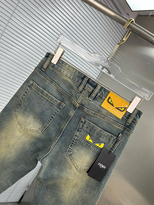 Men's Fendi Vintage Washed Skinny Jeans with Frayed Hem and Logo Accents