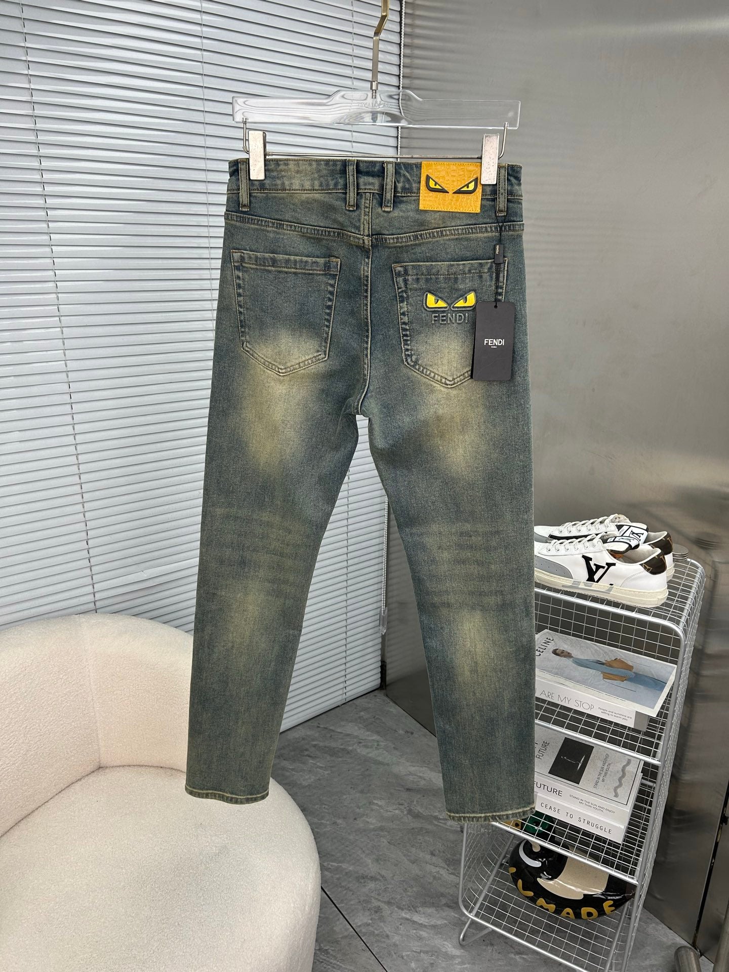 Men's Fendi Vintage Washed Skinny Jeans with Frayed Hem and Logo Accents