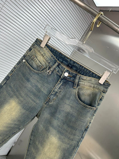 Men's Fendi Vintage Washed Skinny Jeans with Frayed Hem and Logo Accents