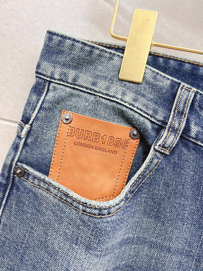 Burberry Men's Blue Denim Jeans With Leather Patch Detail