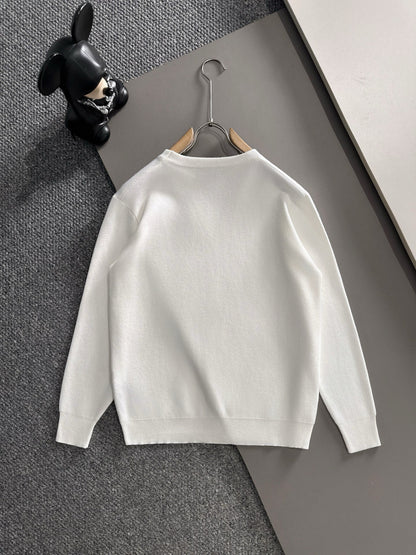 Prada Men's White Crew Neck Knitted Sweater With Blue Triangle Logo