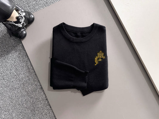 Dolce & Gabbana Men's Black Crew Neck Knitted Sweater With Gold Badge