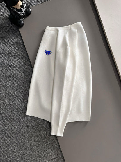 Prada Men's White Crew Neck Knitted Sweater With Blue Triangle Logo