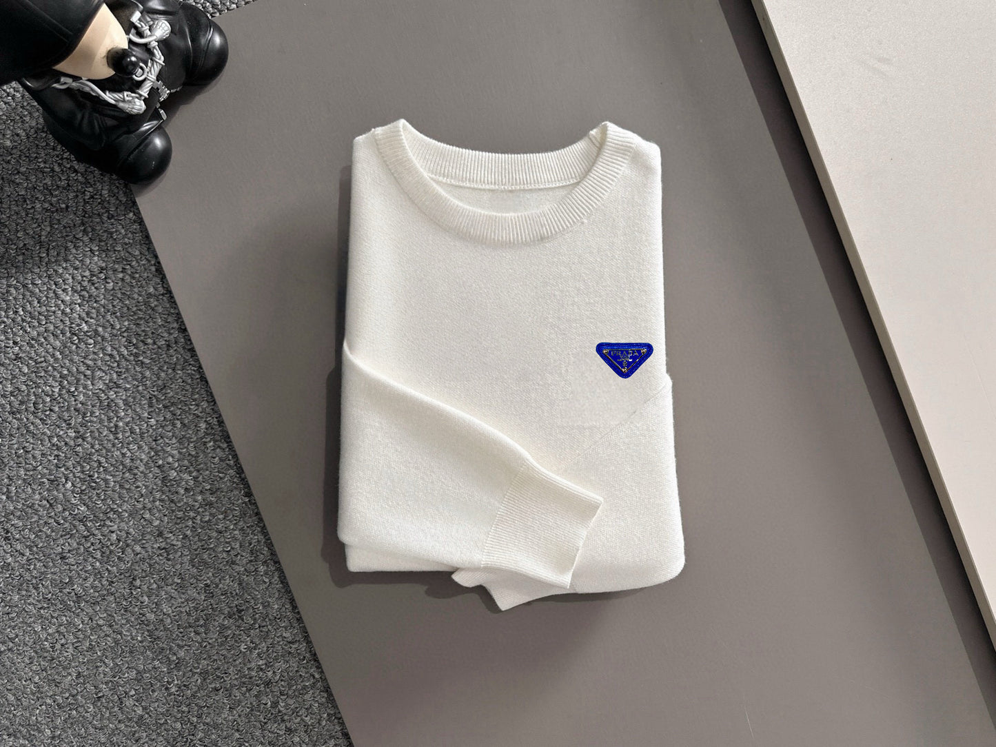 Prada Men's White Crew Neck Knitted Sweater With Blue Triangle Logo