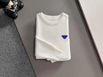 Prada Men's White Crew Neck Knitted Sweater With Blue Triangle Logo