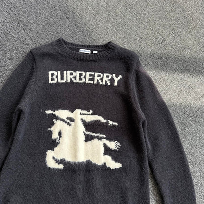 Burberry Men's Dark Grey Crew Neck Knitted Sweater With Equestrian Logo