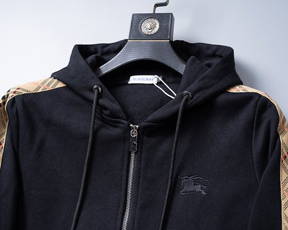 Burberry Men's Black Hooded Tracksuit With Plaid Side Details